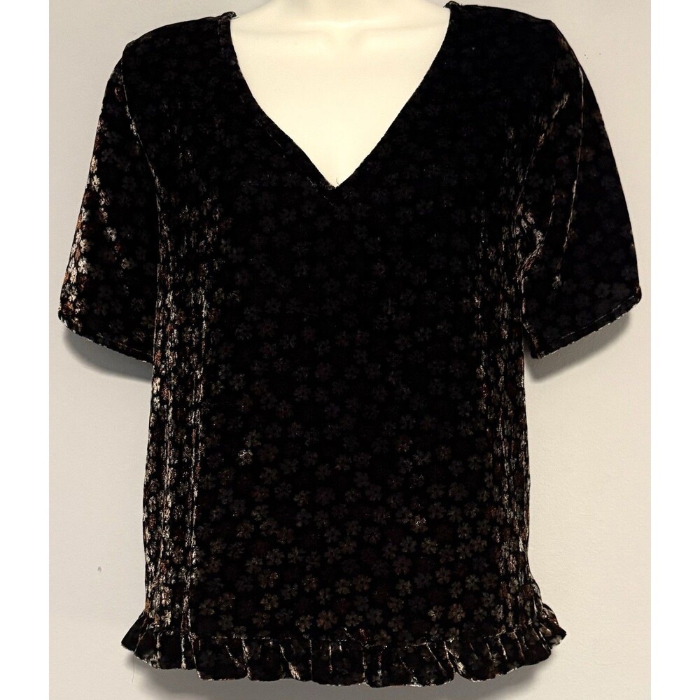 Madewell Velvet Top Sz S Black Tulip Sleeve Ruffle Boho Floral Holiday Party
